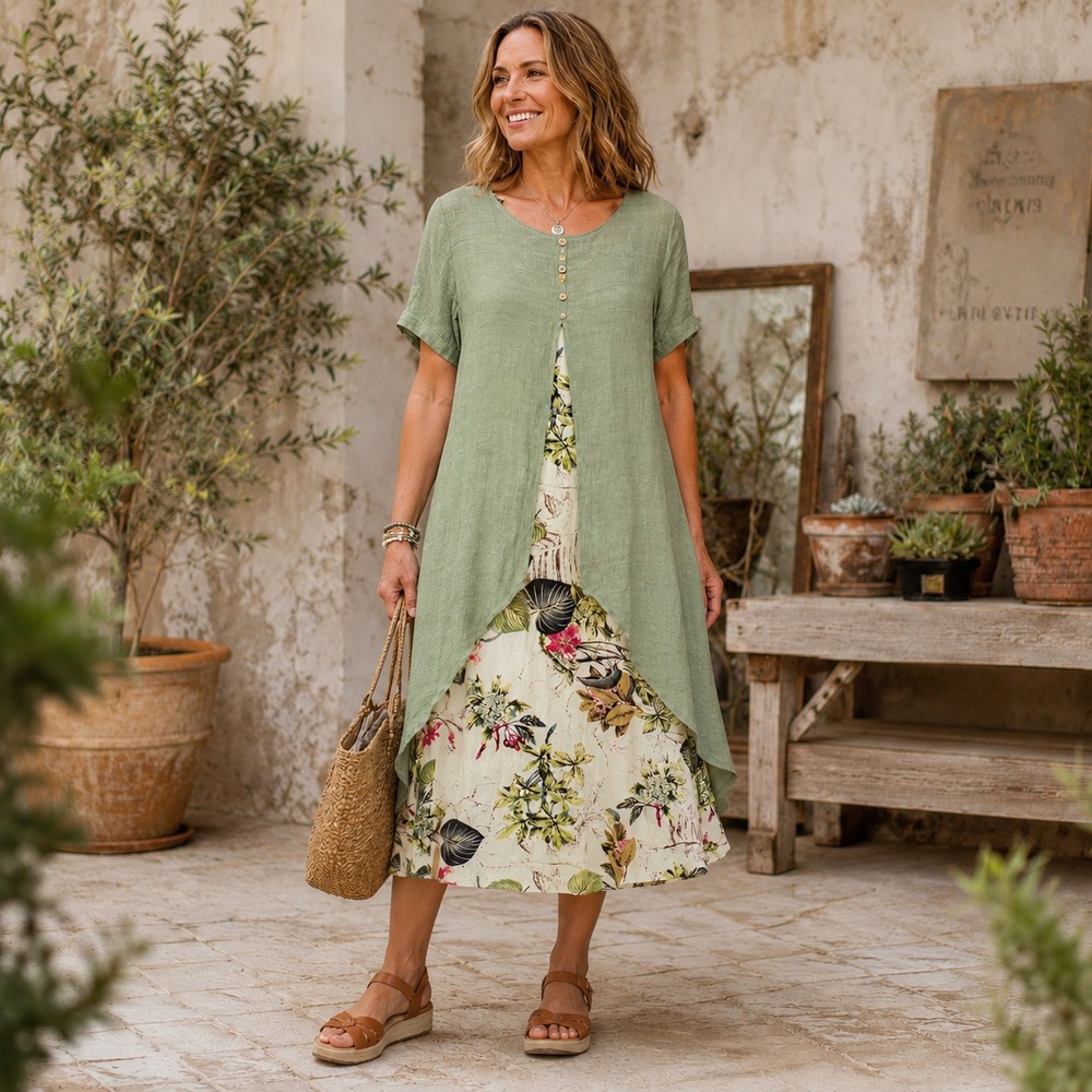 Boho Lagenlook Layered Maxi Dress 1XL Sage Green Floral Artsy Cottagecore